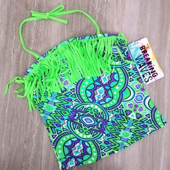 NEW Breaking Waves Big Girl's 12 Fringe Swim Tankini Top Halter neck Green NWT - Picture 1 of 5